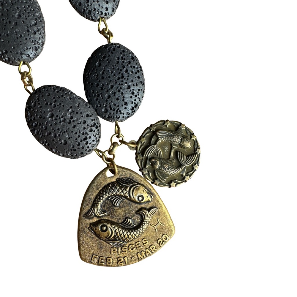 Pisces Zodiac Necklace with black lava stones